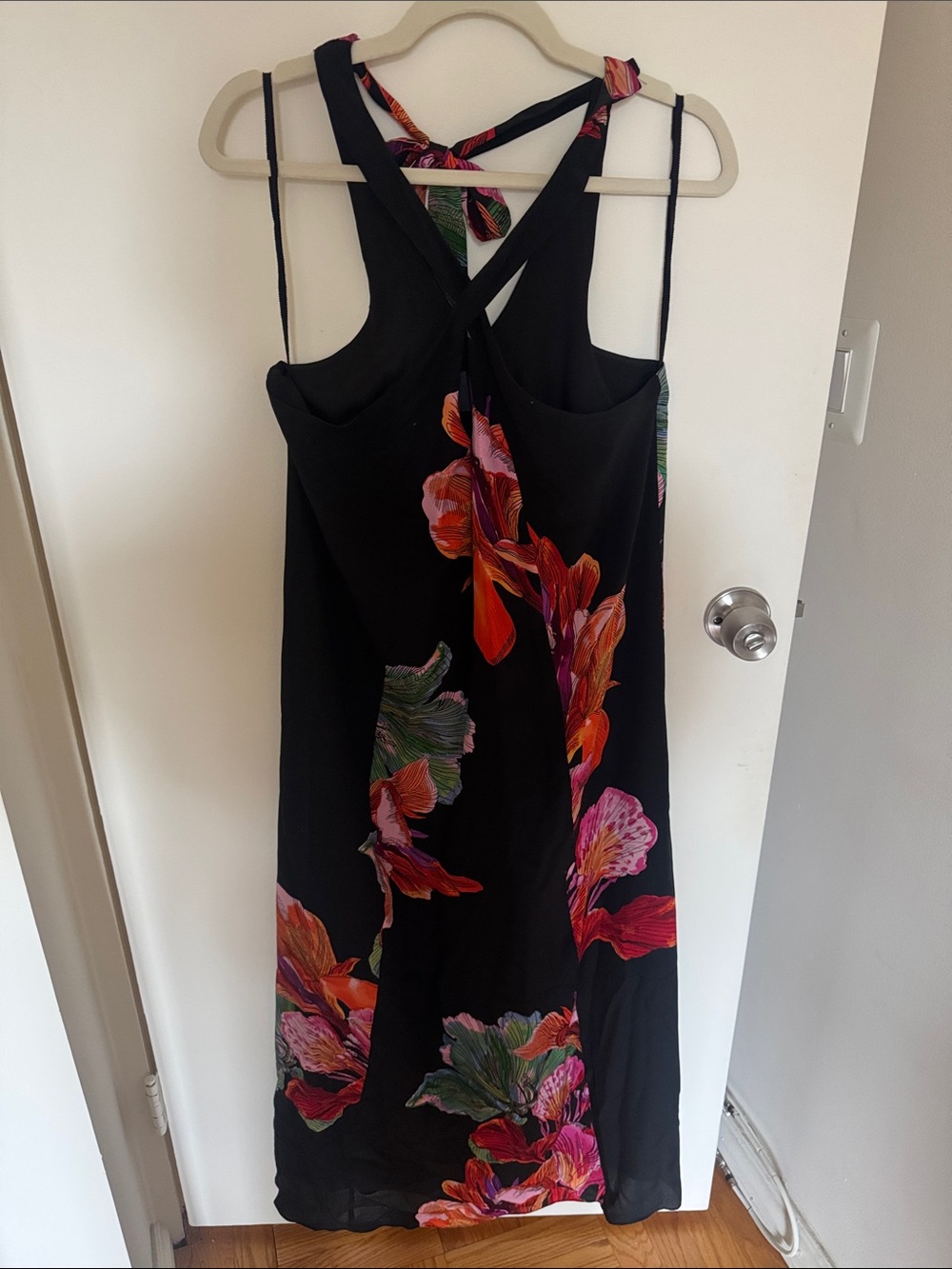 Maeve Black Midi Slip Dress with Pink & Orange Floral Print